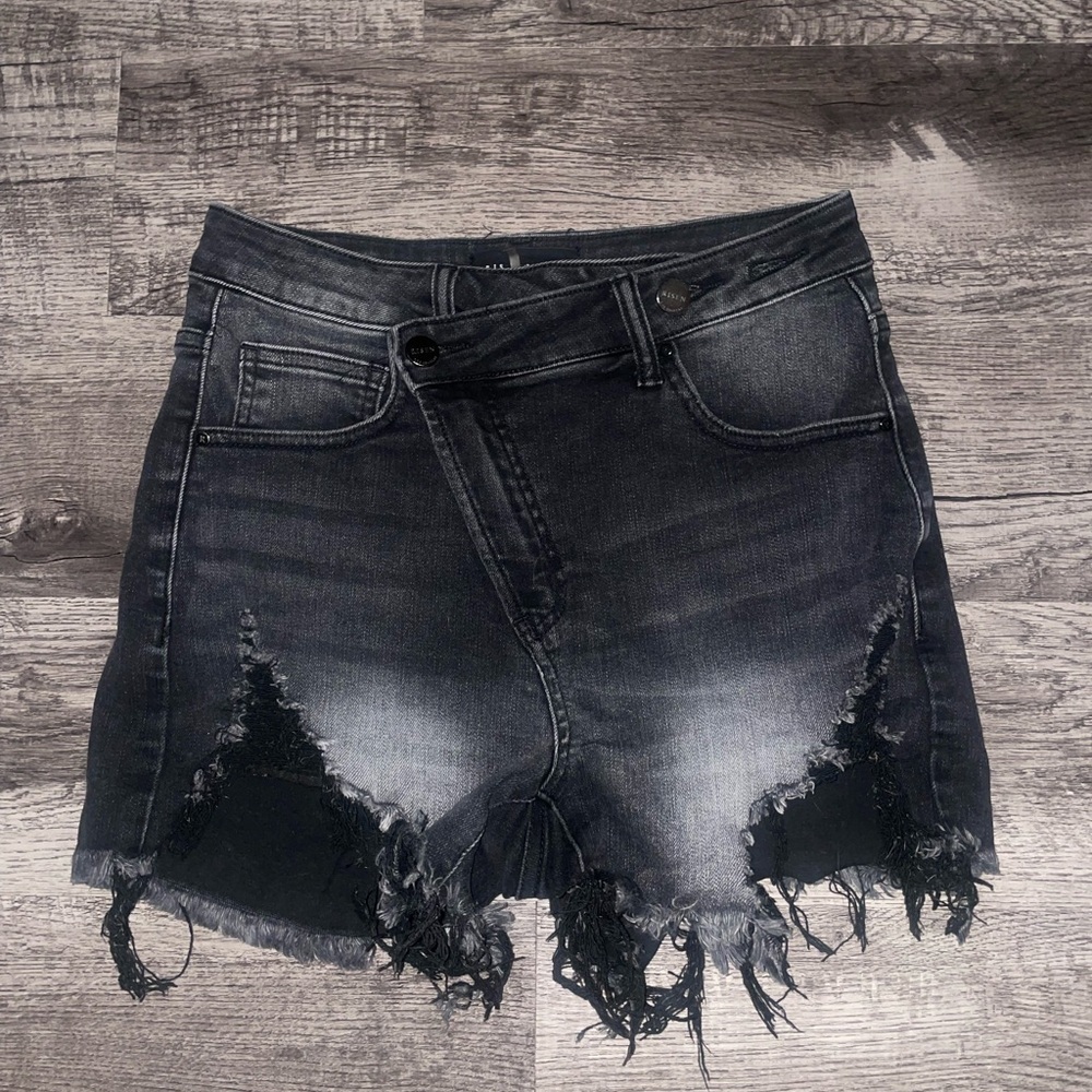 Risen Jeans Black Denim Shorts Women Small Asymmetrical Front Distressed Casual